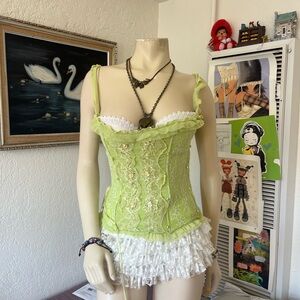 Lime Green Lace Corset Top with White Ruffle Trim